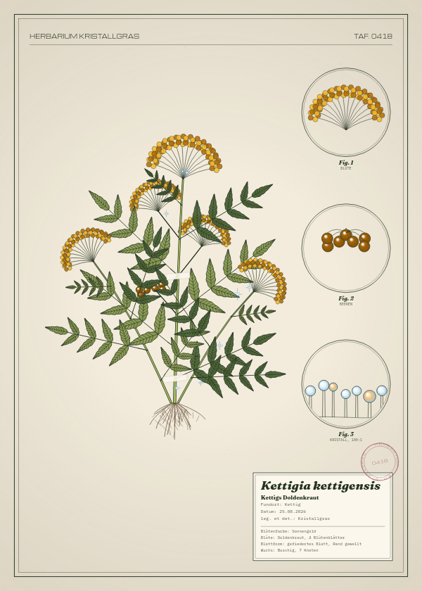 Botanische Tafel: Kettigia kettigensis, eine erfundene Pflanze aus Kettig, gezeichnet wie in einem alten Pflanzenatlas