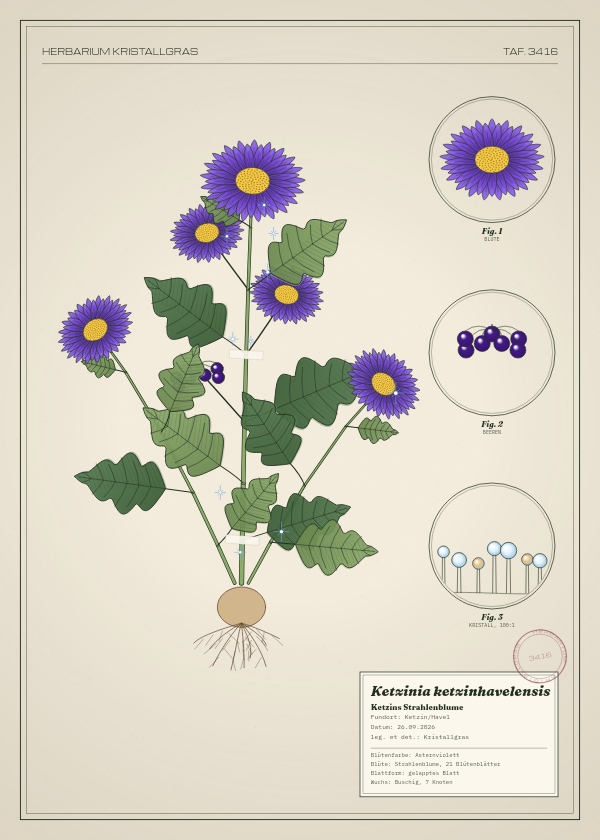 Botanische Tafel: Ketzinia ketzinhavelensis, eine erfundene Pflanze aus Ketzin/Havel, gezeichnet wie in einem alten Pflanzenatlas