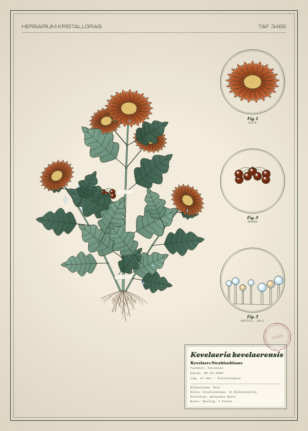 Botanische Tafel: Kevelaeria kevelaerensis, eine erfundene Pflanze aus Kevelaer, gezeichnet wie in einem alten Pflanzenatlas