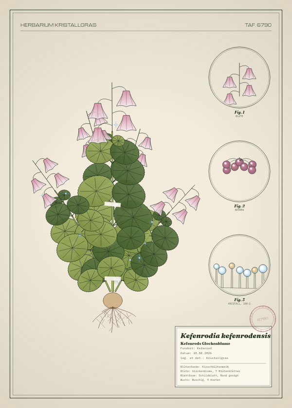 Botanische Tafel: Kefenrodia kefenrodensis, eine erfundene Pflanze aus Kefenrod, gezeichnet wie in einem alten Pflanzenatlas