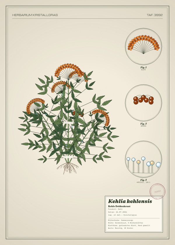 Botanische Tafel: Kehlia kehlensis, eine erfundene Pflanze aus Kehl, gezeichnet wie in einem alten Pflanzenatlas