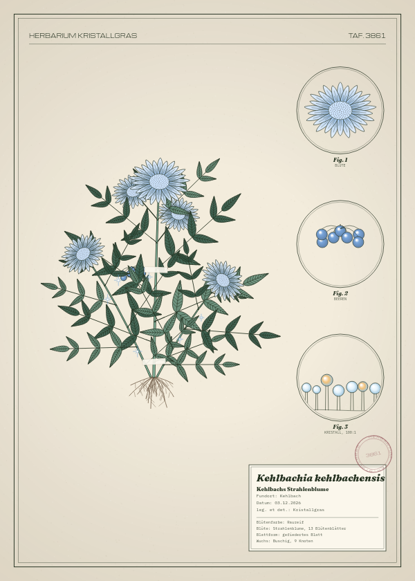 Botanische Tafel: Kehlbachia kehlbachensis, eine erfundene Pflanze aus Kehlbach, gezeichnet wie in einem alten Pflanzenatlas