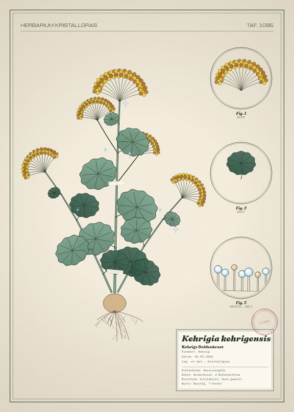Botanische Tafel: Kehrigia kehrigensis, eine erfundene Pflanze aus Kehrig, gezeichnet wie in einem alten Pflanzenatlas