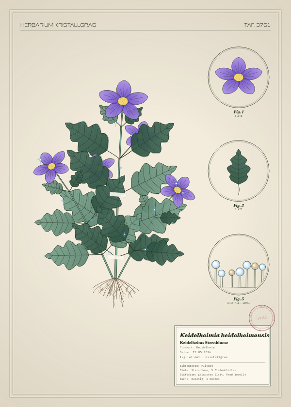 Botanische Tafel: Keidelheimia keidelheimensis, eine erfundene Pflanze aus Keidelheim, gezeichnet wie in einem alten Pflanzenatlas