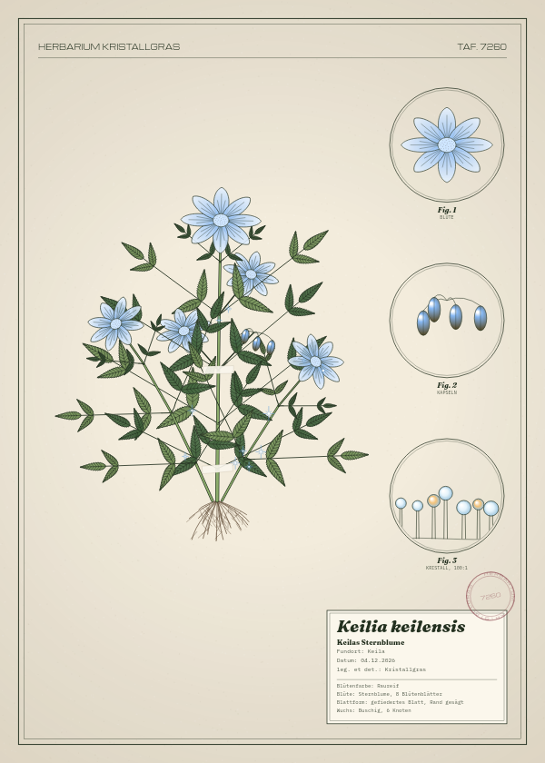 Botanische Tafel: Keilia keilensis, eine erfundene Pflanze aus Keila, gezeichnet wie in einem alten Pflanzenatlas
