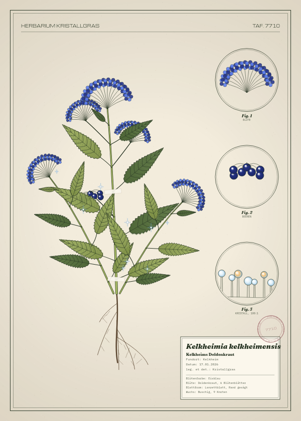 Botanische Tafel: Kelkheimia kelkheimensis, eine erfundene Pflanze aus Kelkheim, gezeichnet wie in einem alten Pflanzenatlas