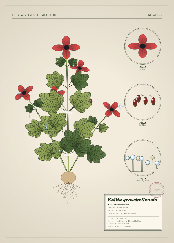 Botanische Tafel: Kellia grosskellensis, eine erfundene Pflanze aus Groß Kelle, gezeichnet wie in einem alten Pflanzenatlas