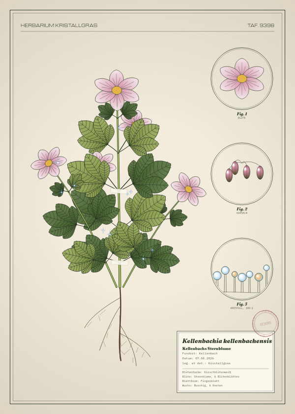 Botanische Tafel: Kellenbachia kellenbachensis, eine erfundene Pflanze aus Kellenbach, gezeichnet wie in einem alten Pflanzenatlas
