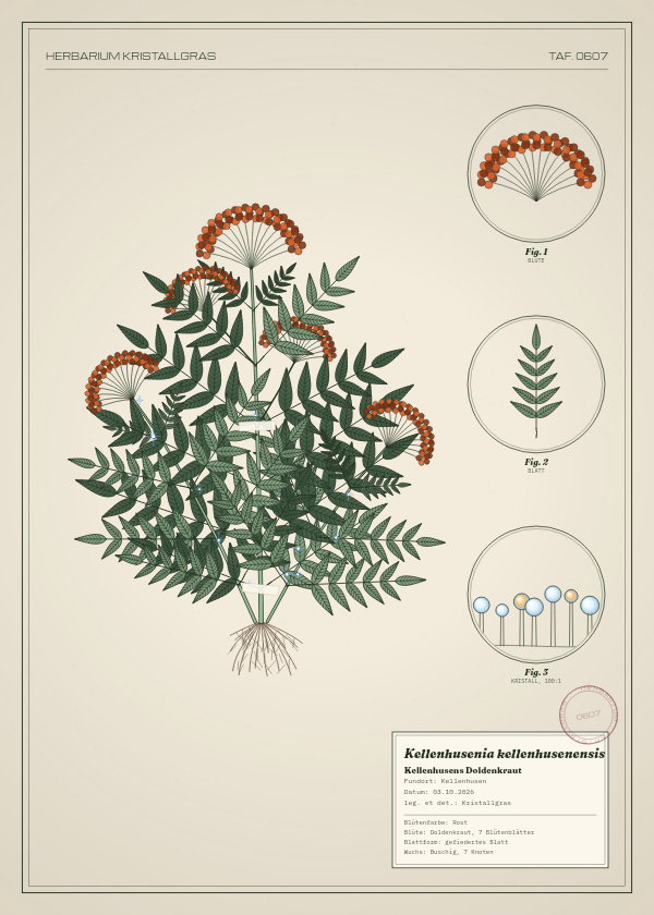 Botanische Tafel: Kellenhusenia kellenhusenensis, eine erfundene Pflanze aus Kellenhusen, gezeichnet wie in einem alten Pflanzenatlas