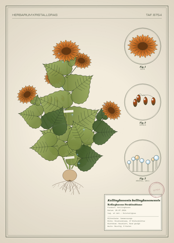 Botanische Tafel: Kellinghusenia kellinghusenensis, eine erfundene Pflanze aus Kellinghusen, gezeichnet wie in einem alten Pflanzenatlas