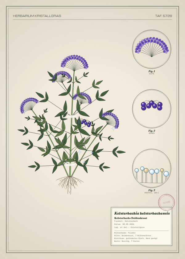 Botanische Tafel: Kelsterbachia kelsterbachensis, eine erfundene Pflanze aus Kelsterbach, gezeichnet wie in einem alten Pflanzenatlas