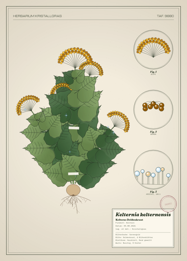 Botanische Tafel: Kelternia kelternensis, eine erfundene Pflanze aus Keltern, gezeichnet wie in einem alten Pflanzenatlas