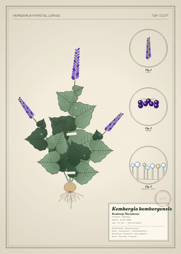 Botanische Tafel: Kembergia kembergensis, eine erfundene Pflanze aus Kemberg, gezeichnet wie in einem alten Pflanzenatlas