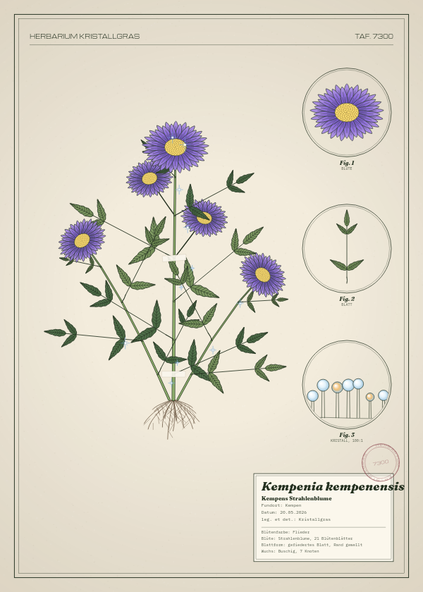 Botanische Tafel: Kempenia kempenensis, eine erfundene Pflanze aus Kempen, gezeichnet wie in einem alten Pflanzenatlas