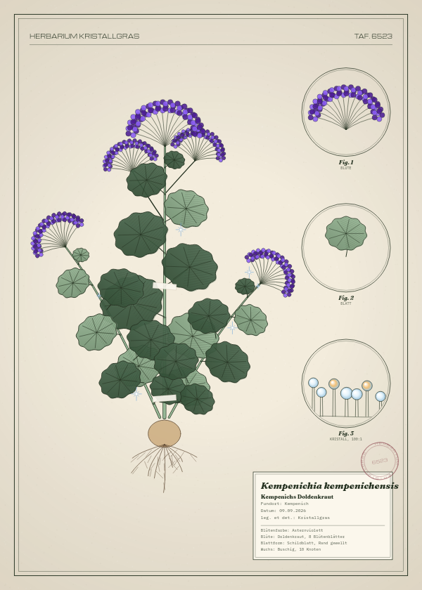 Botanische Tafel: Kempenichia kempenichensis, eine erfundene Pflanze aus Kempenich, gezeichnet wie in einem alten Pflanzenatlas