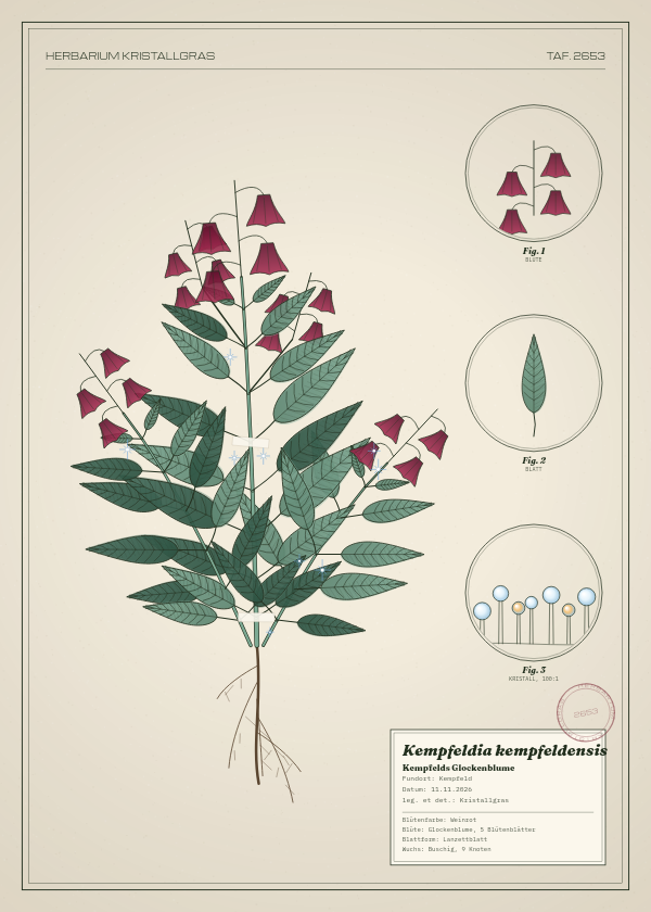 Botanische Tafel: Kempfeldia kempfeldensis, eine erfundene Pflanze aus Kempfeld, gezeichnet wie in einem alten Pflanzenatlas