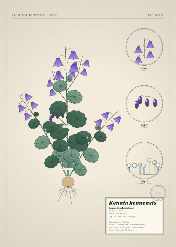 Botanische Tafel: Kennia kennensis, eine erfundene Pflanze aus Kenn, gezeichnet wie in einem alten Pflanzenatlas