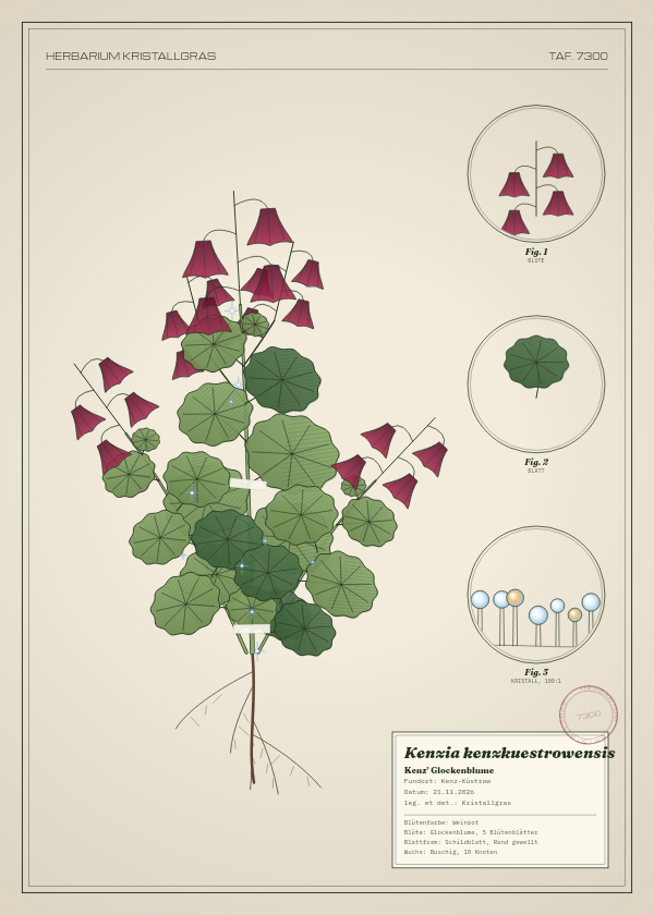 Botanische Tafel: Kenzia kenzkuestrowensis, eine erfundene Pflanze aus Kenz-Küstrow, gezeichnet wie in einem alten Pflanzenatlas