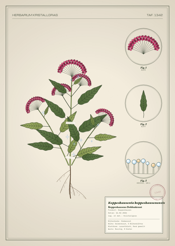 Botanische Tafel: Keppeshausenia keppeshausenensis, eine erfundene Pflanze aus Keppeshausen, gezeichnet wie in einem alten Pflanzenatlas