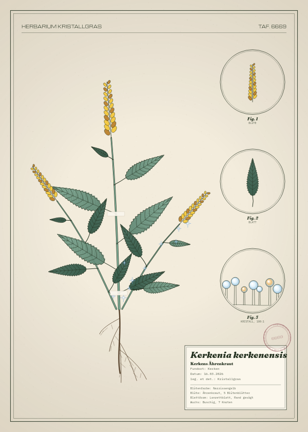 Botanische Tafel: Kerkenia kerkenensis, eine erfundene Pflanze aus Kerken, gezeichnet wie in einem alten Pflanzenatlas