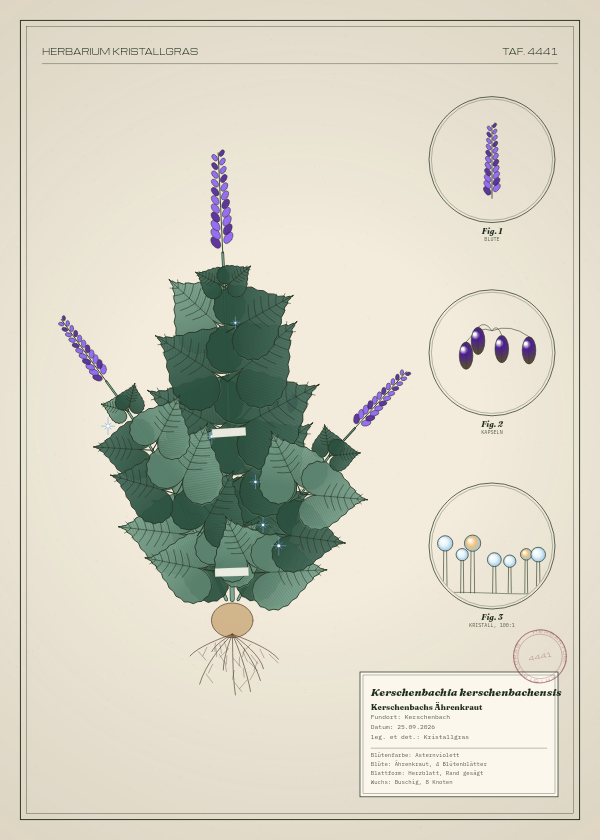 Botanische Tafel: Kerschenbachia kerschenbachensis, eine erfundene Pflanze aus Kerschenbach, gezeichnet wie in einem alten Pflanzenatlas