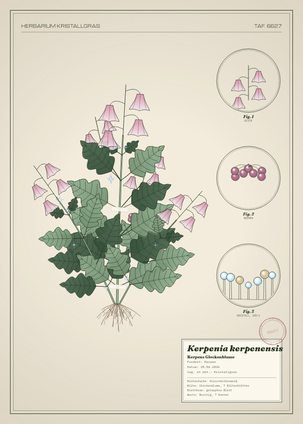 Botanische Tafel: Kerpenia kerpenensis, eine erfundene Pflanze aus Kerpen, gezeichnet wie in einem alten Pflanzenatlas
