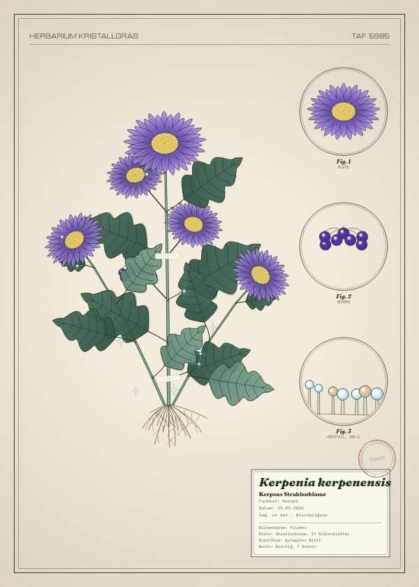 Botanische Tafel: Kerpenia kerpenensis, eine erfundene Pflanze aus Kerpen, gezeichnet wie in einem alten Pflanzenatlas
