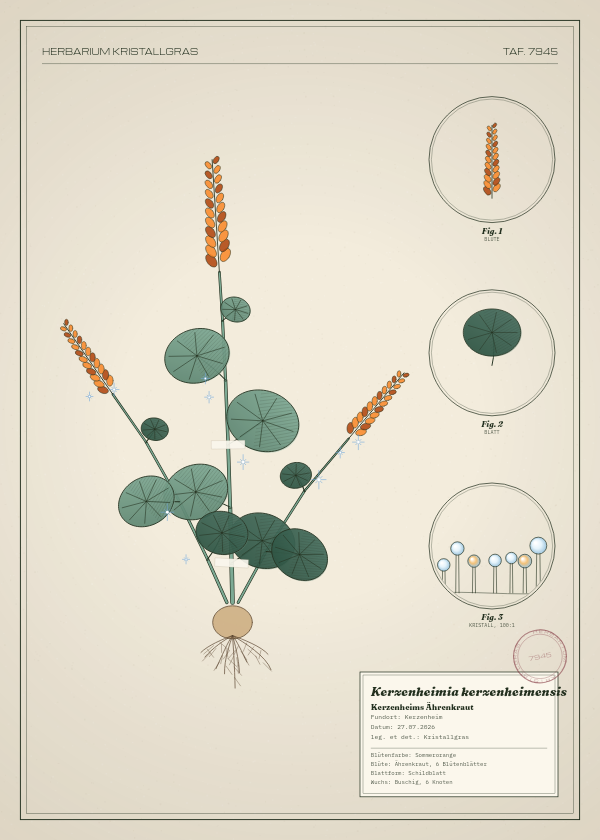 Botanische Tafel: Kerzenheimia kerzenheimensis, eine erfundene Pflanze aus Kerzenheim, gezeichnet wie in einem alten Pflanzenatlas