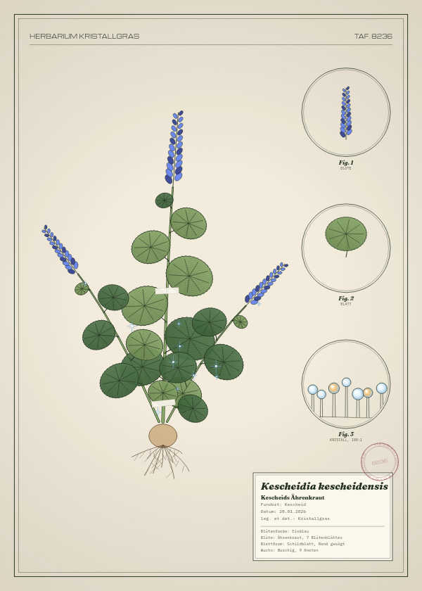 Botanische Tafel: Kescheidia kescheidensis, eine erfundene Pflanze aus Kescheid, gezeichnet wie in einem alten Pflanzenatlas