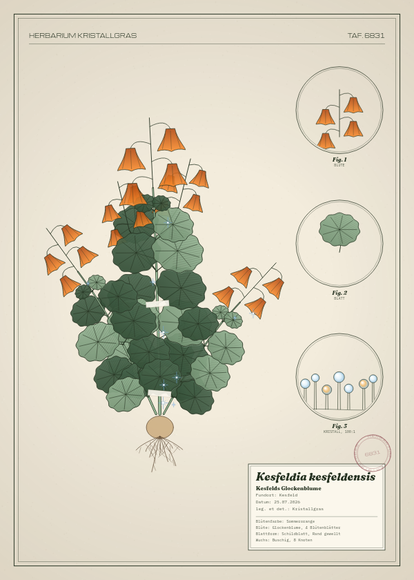Botanische Tafel: Kesfeldia kesfeldensis, eine erfundene Pflanze aus Kesfeld, gezeichnet wie in einem alten Pflanzenatlas
