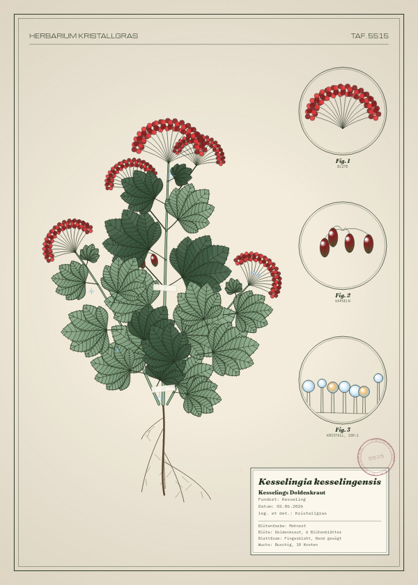 Botanische Tafel: Kesselingia kesselingensis, eine erfundene Pflanze aus Kesseling, gezeichnet wie in einem alten Pflanzenatlas