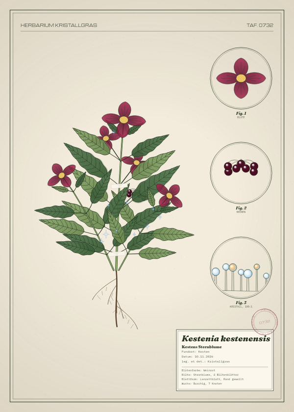 Botanische Tafel: Kestenia kestenensis, eine erfundene Pflanze aus Kesten, gezeichnet wie in einem alten Pflanzenatlas