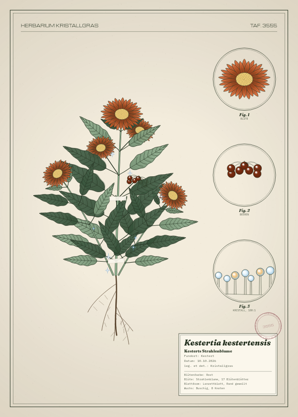 Botanische Tafel: Kestertia kestertensis, eine erfundene Pflanze aus Kestert, gezeichnet wie in einem alten Pflanzenatlas