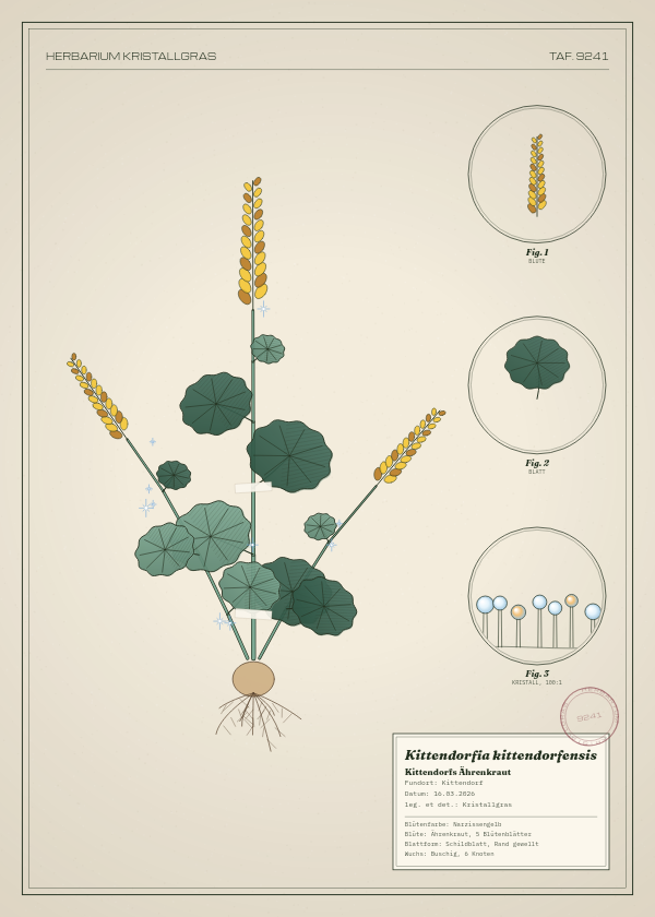 Botanische Tafel: Kittendorfia kittendorfensis, eine erfundene Pflanze aus Kittendorf, gezeichnet wie in einem alten Pflanzenatlas