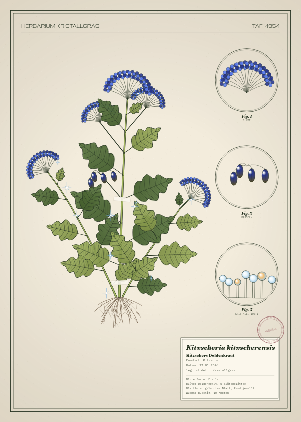 Botanische Tafel: Kitzscheria kitzscherensis, eine erfundene Pflanze aus Kitzscher, gezeichnet wie in einem alten Pflanzenatlas