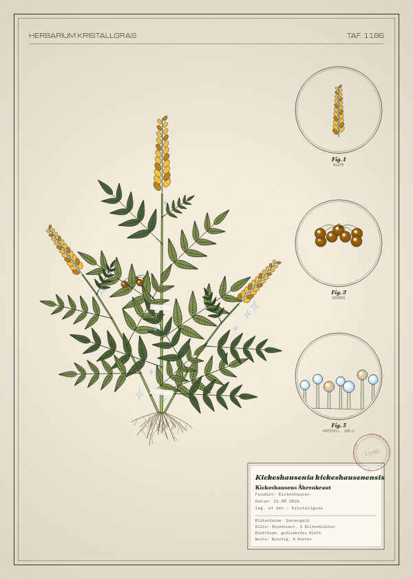 Botanische Tafel: Kickeshausenia kickeshausenensis, eine erfundene Pflanze aus Kickeshausen, gezeichnet wie in einem alten Pflanzenatlas