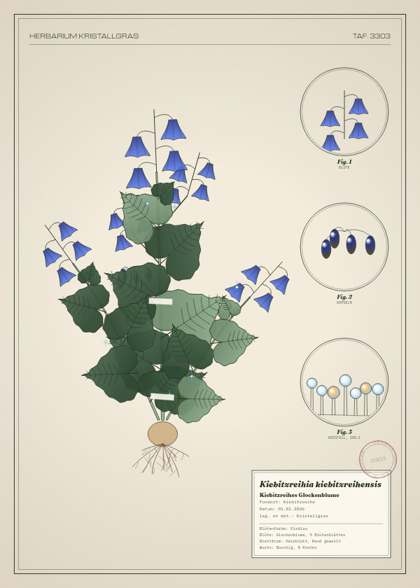 Botanische Tafel: Kiebitzreihia kiebitzreihensis, eine erfundene Pflanze aus Kiebitzreihe, gezeichnet wie in einem alten Pflanzenatlas