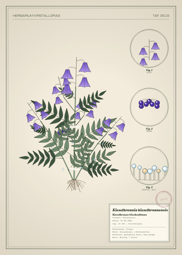 Botanische Tafel: Kieselbronnia kieselbronnensis, eine erfundene Pflanze aus Kieselbronn, gezeichnet wie in einem alten Pflanzenatlas
