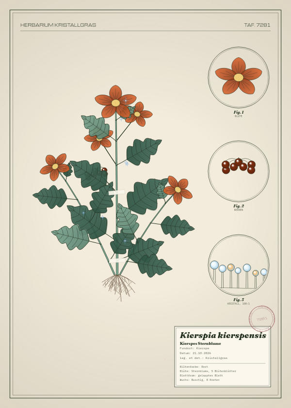 Botanische Tafel: Kierspia kierspensis, eine erfundene Pflanze aus Kierspe, gezeichnet wie in einem alten Pflanzenatlas