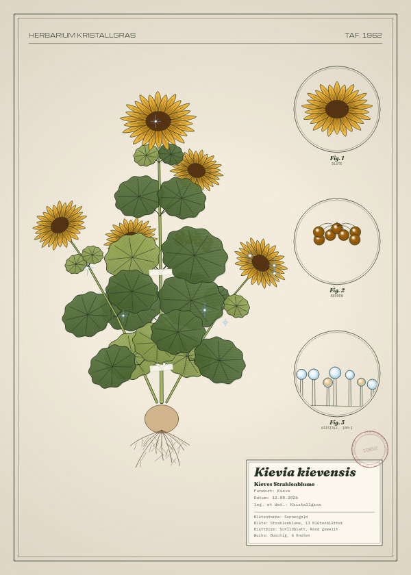 Botanische Tafel: Kievia kievensis, eine erfundene Pflanze aus Kieve, gezeichnet wie in einem alten Pflanzenatlas