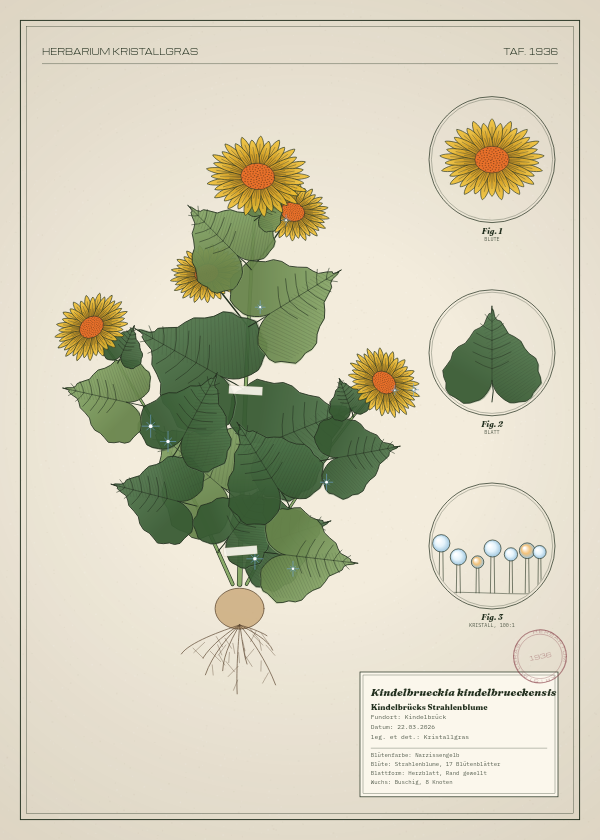 Botanische Tafel: Kindelbrueckia kindelbrueckensis, eine erfundene Pflanze aus Kindelbrück, gezeichnet wie in einem alten Pflanzenatlas