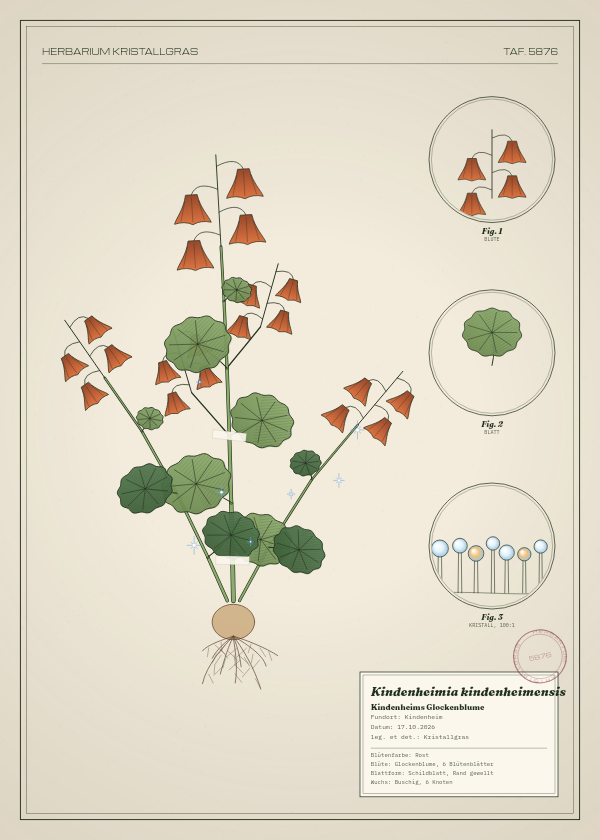 Botanische Tafel: Kindenheimia kindenheimensis, eine erfundene Pflanze aus Kindenheim, gezeichnet wie in einem alten Pflanzenatlas
