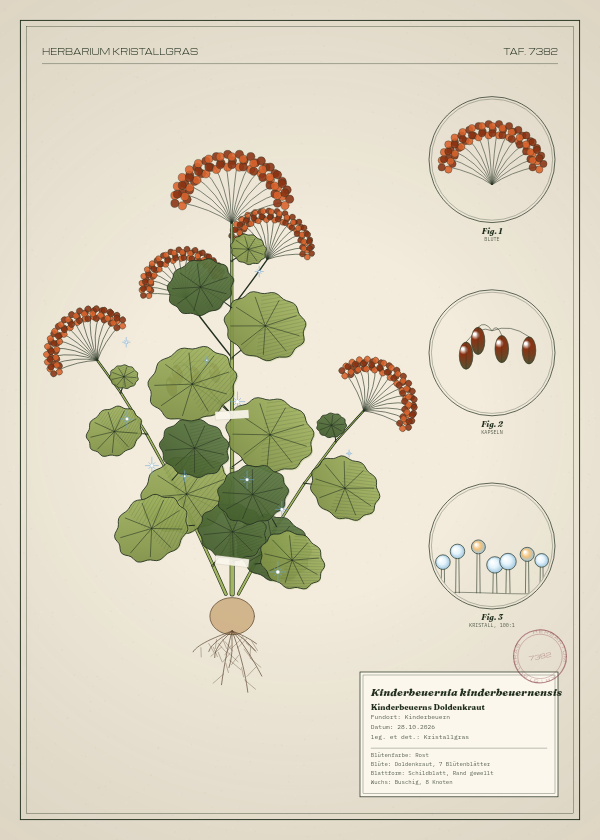 Botanische Tafel: Kinderbeuernia kinderbeuernensis, eine erfundene Pflanze aus Kinderbeuern, gezeichnet wie in einem alten Pflanzenatlas