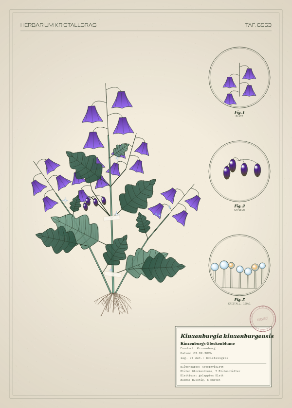 Botanische Tafel: Kinzenburgia kinzenburgensis, eine erfundene Pflanze aus Kinzenburg, gezeichnet wie in einem alten Pflanzenatlas