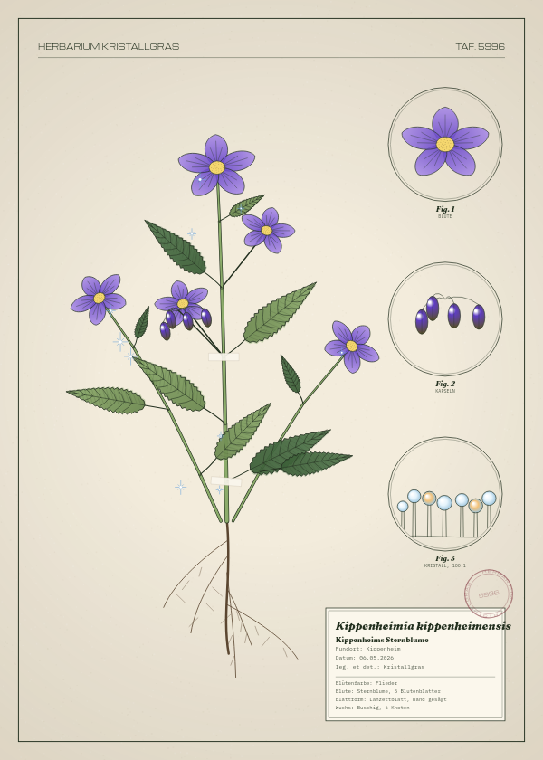 Botanische Tafel: Kippenheimia kippenheimensis, eine erfundene Pflanze aus Kippenheim, gezeichnet wie in einem alten Pflanzenatlas