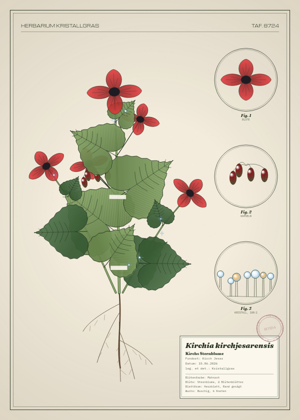 Botanische Tafel: Kirchia kirchjesarensis, eine erfundene Pflanze aus Kirch Jesar, gezeichnet wie in einem alten Pflanzenatlas
