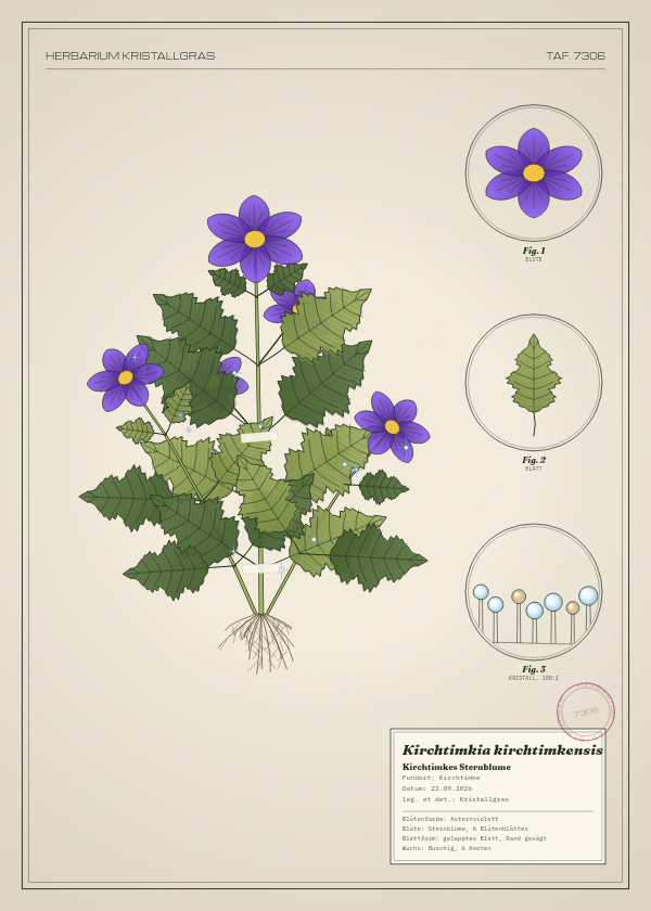 Botanische Tafel: Kirchtimkia kirchtimkensis, eine erfundene Pflanze aus Kirchtimke, gezeichnet wie in einem alten Pflanzenatlas