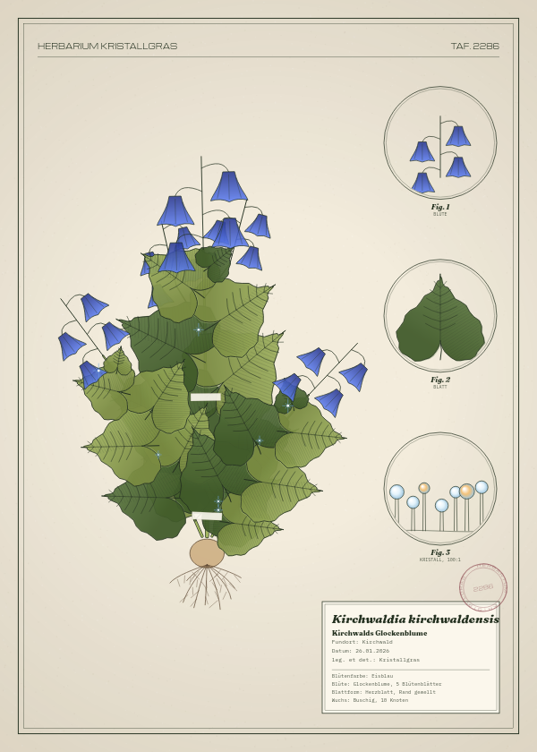Botanische Tafel: Kirchwaldia kirchwaldensis, eine erfundene Pflanze aus Kirchwald, gezeichnet wie in einem alten Pflanzenatlas