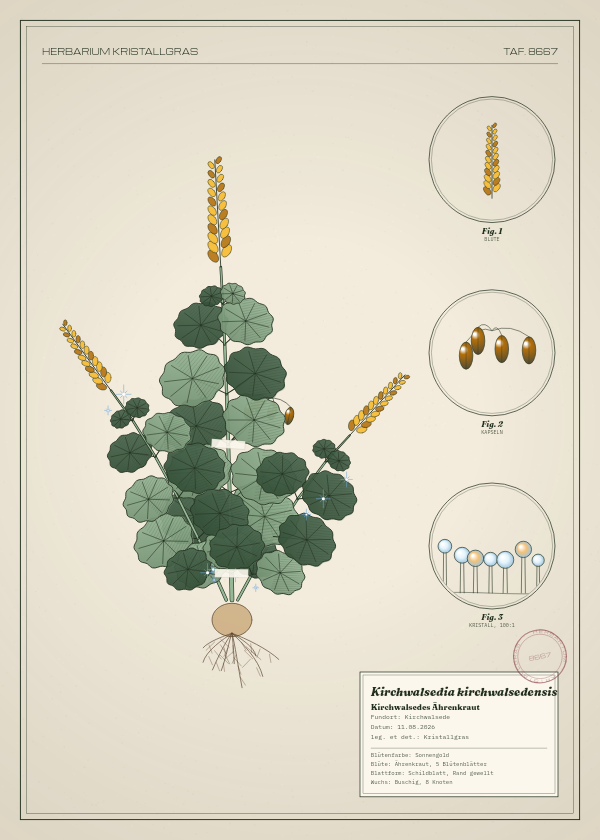 Botanische Tafel: Kirchwalsedia kirchwalsedensis, eine erfundene Pflanze aus Kirchwalsede, gezeichnet wie in einem alten Pflanzenatlas
