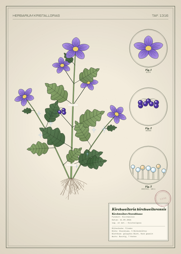 Botanische Tafel: Kirchweileria kirchweilerensis, eine erfundene Pflanze aus Kirchweiler, gezeichnet wie in einem alten Pflanzenatlas